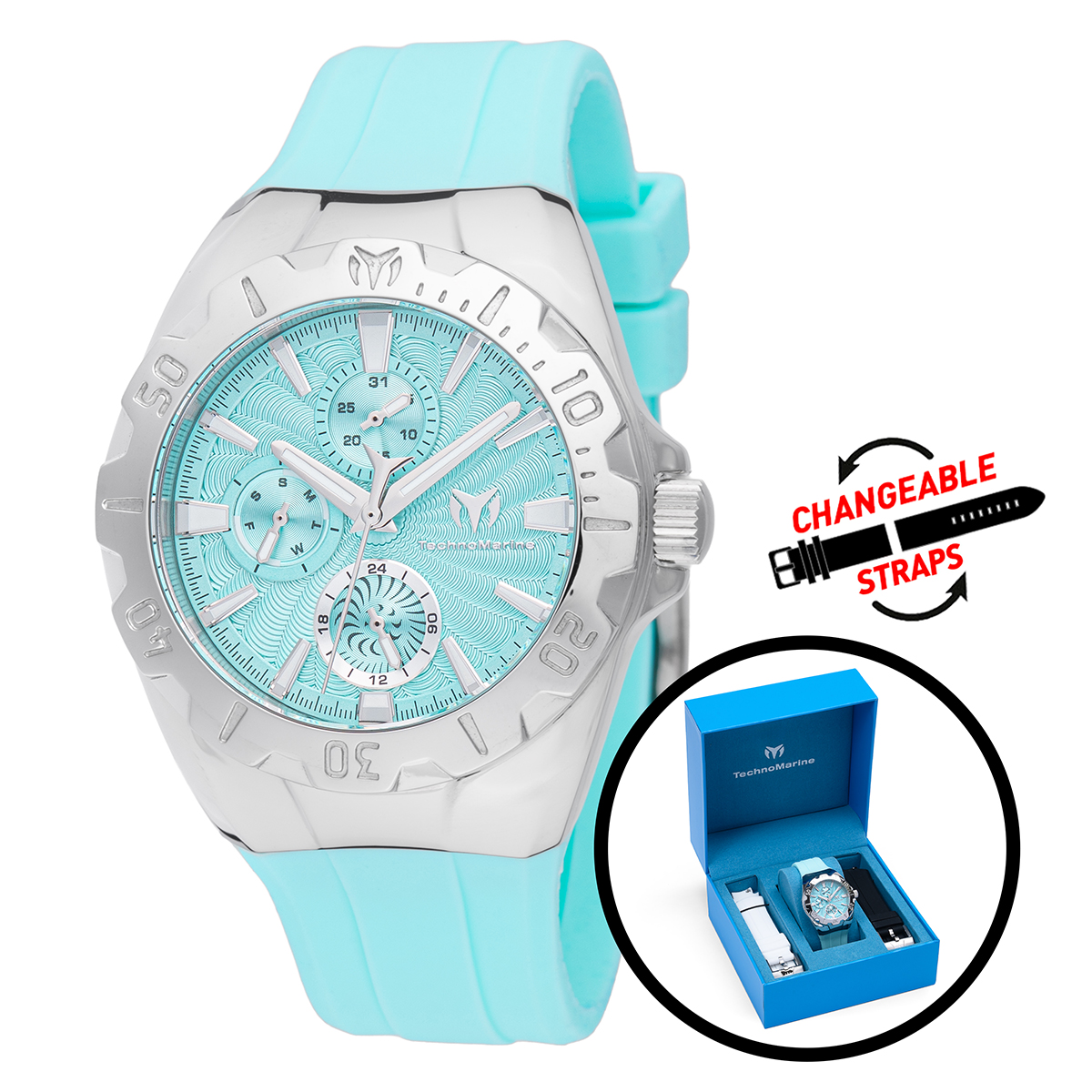 TechnoMarine Cruise Original Unisex Watch - 40mm, Black, White, Light Blue with Interchangeable Strap (TM-124008)