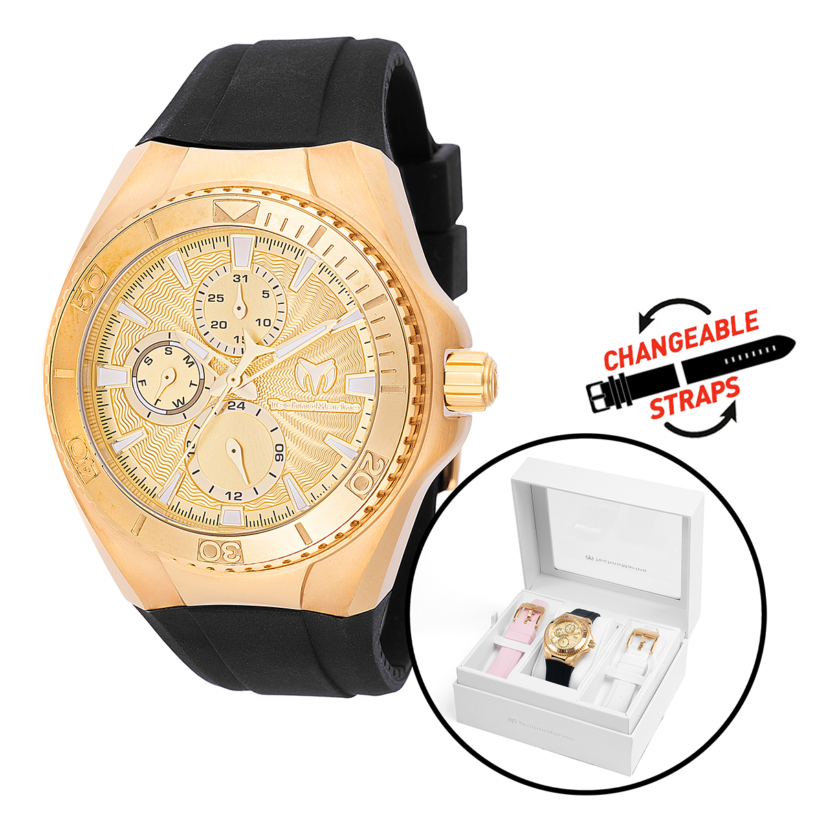 TechnoMarine Cruise California Unisex Watch - 40.57mm, Black, White, Light Pink with Interchangeable Strap (TM-124022)